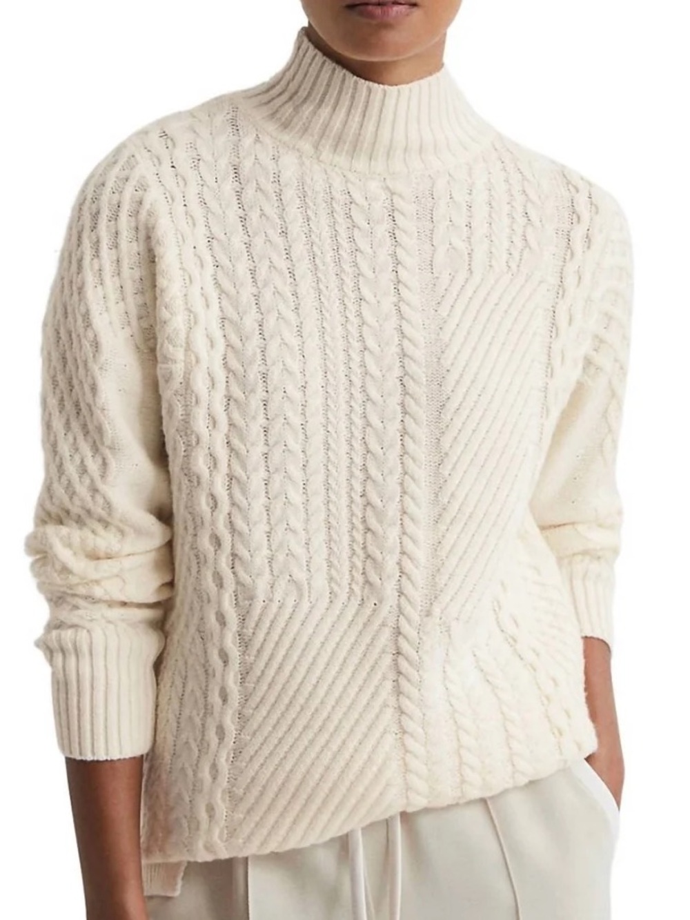 Reiss cream Martha wool blend cable knit mock neck long sleeve sweater Women’s L